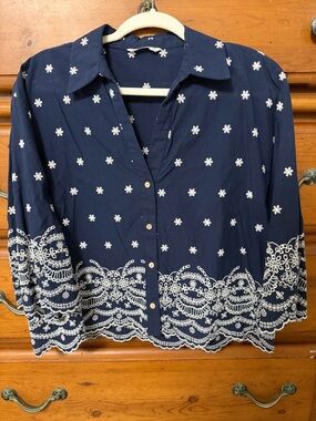 Zara Navy Blue Button-Down Shirt with White Floral Embroidery